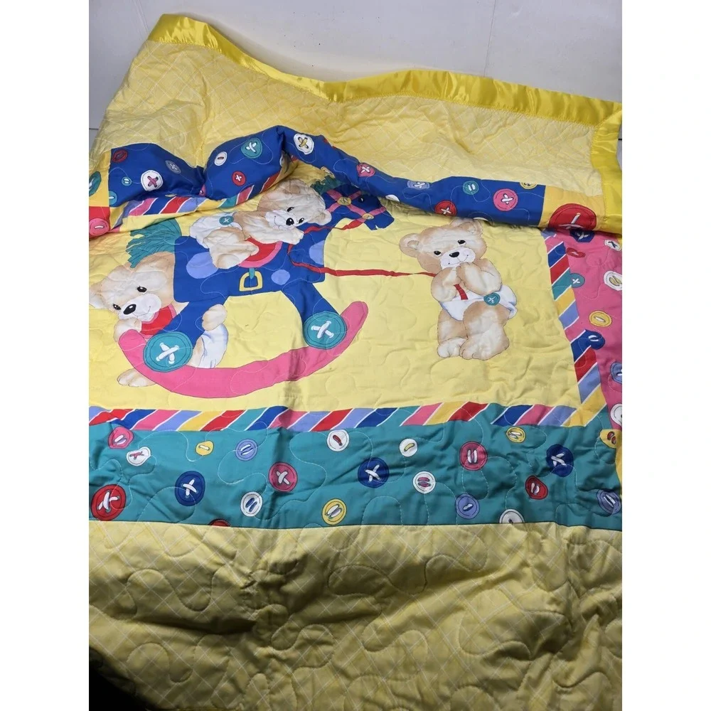 Vintage Baby Quilt Blanket Rocking Horse Teddy Bear Button Yellow Blue